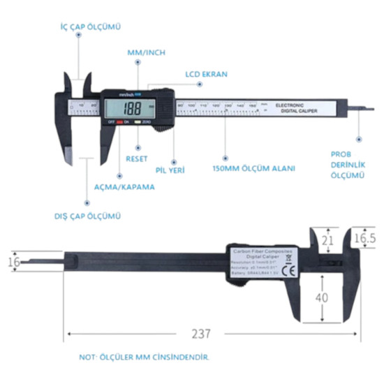 Dijital Kumpas 150mm Karbon Fiber - Pil Dahil Dijital Kumpas 150mm Karbon Fiber - Pil Dahil