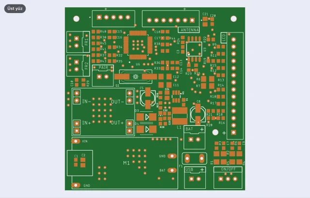 Gerber dosyasından oluşturulan PCB üst yüz görünümü, yeşil solder mask