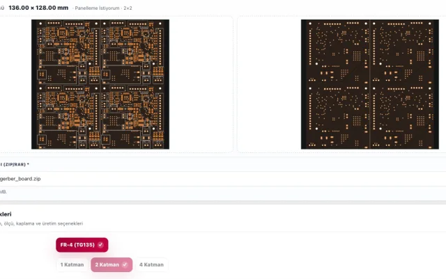 PCB panelleme önizlemesi: 2 x 2 panel, üst ve alt yüz
